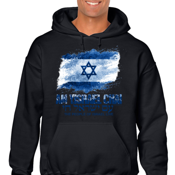 Am Israel Chai Israel Lives Distressed Design Hooded Sweat Shirt - Image 3